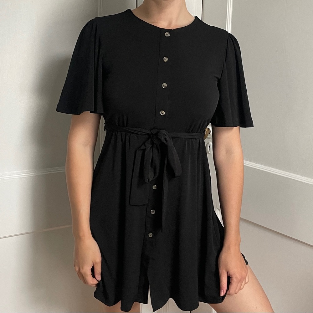 Black French Connection mini dress with button-up front and tie waist